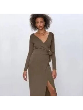 Aritzia Babaton Gaudi Wrap Dress Silver Birch Midi Jersey Tie Waist XXS